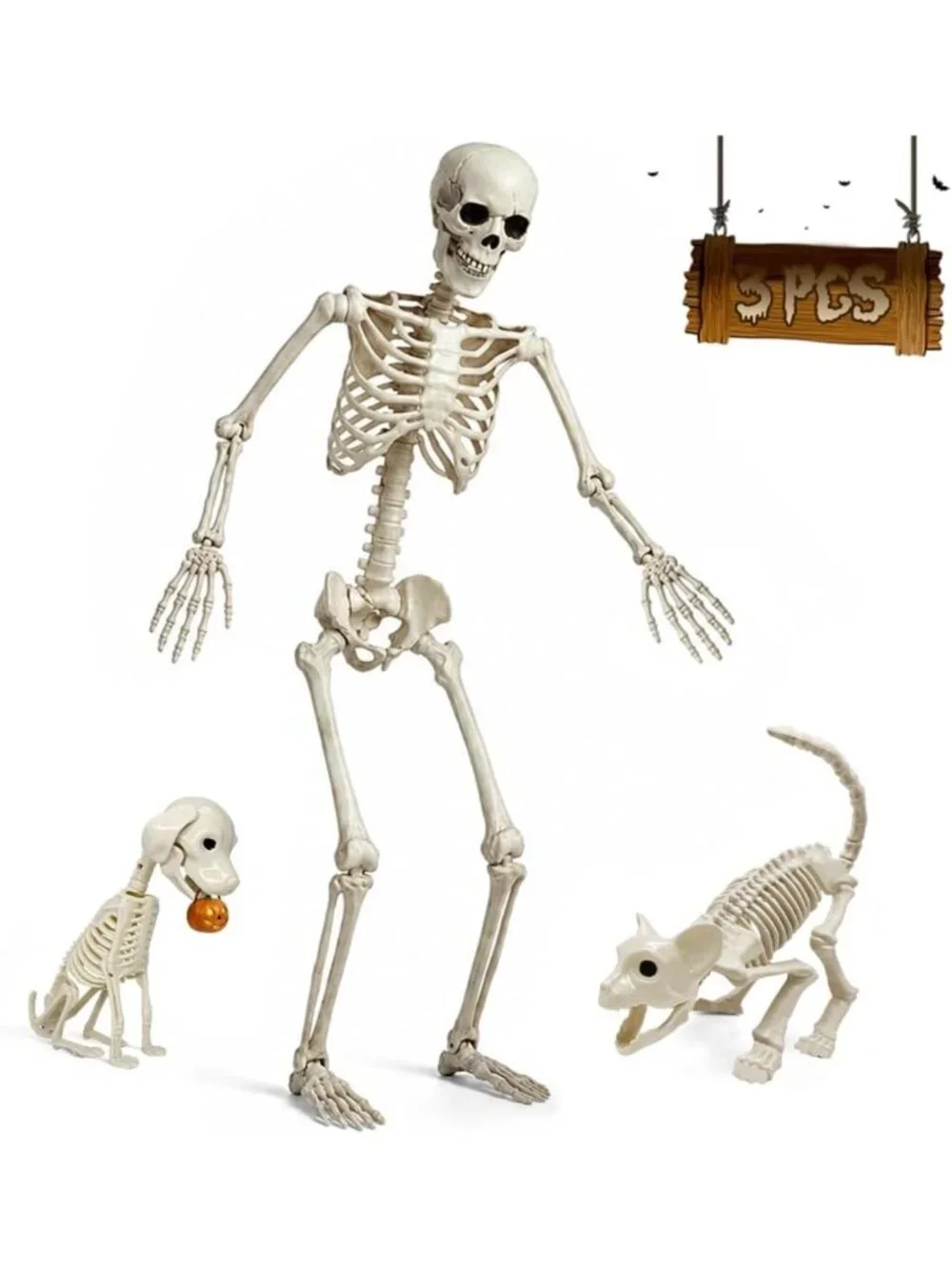 5.4FT Life Size Skeleton with Cat & Dog - Halloween Decor, Spooky Home Accent